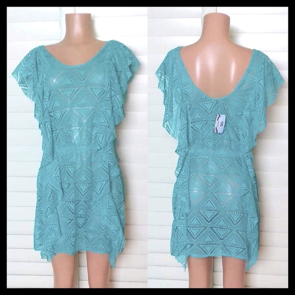 Summer Crochet Swimsuit Coverup Beach Dress Color: Teal - Picture 3 of 6